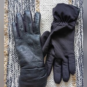 Women's Black Leather and Textile Winter Gloves